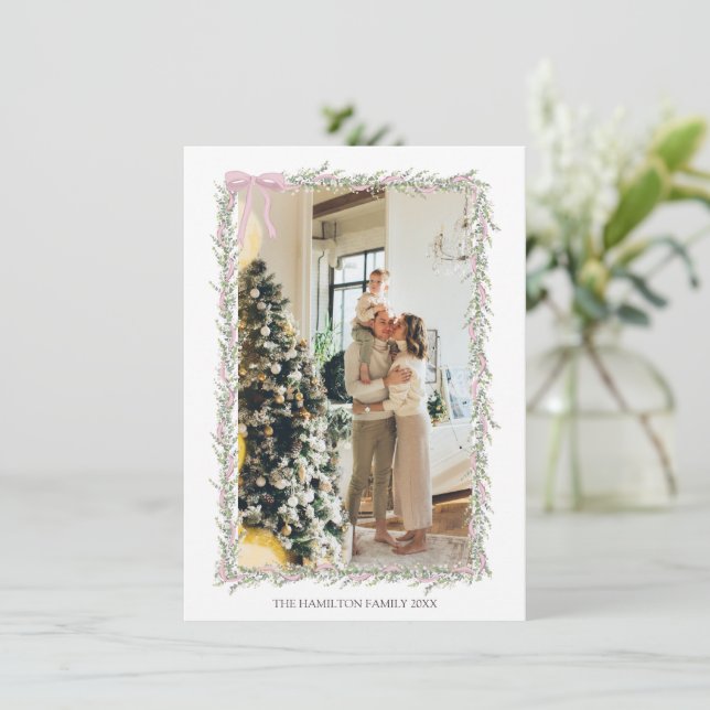 Pink Bow Green Garland Christmas Photo  Invitation (Standing Front)