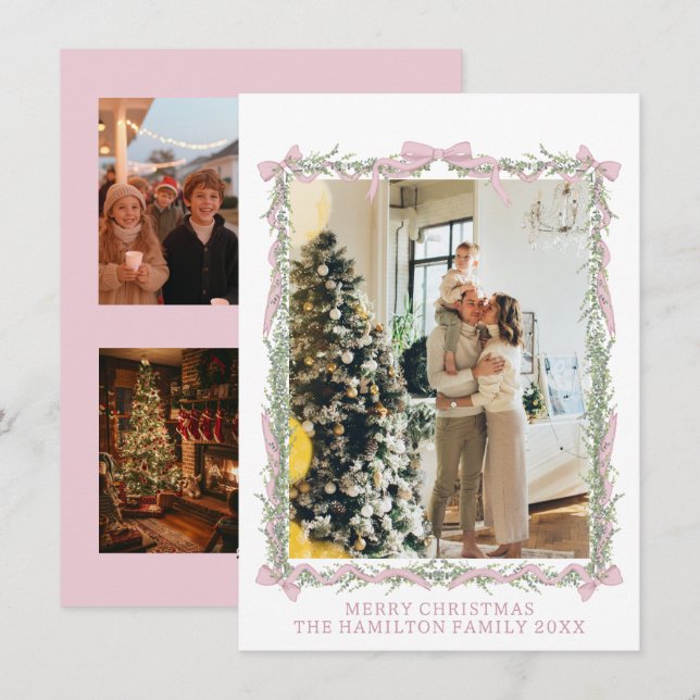 Pink Bow Green Garland Gingham Christmas 5 Photo  Holiday Card (Front/Back)