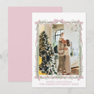 Pink Bow Green Garland Gingham Christmas Photo Holiday Card