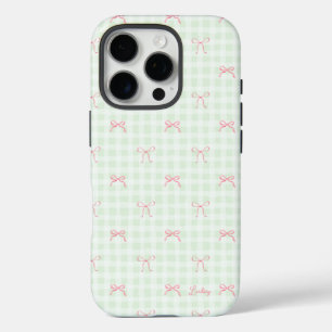 Pink Bow Green Gingham Personalised Name iPhone 16 Pro Case