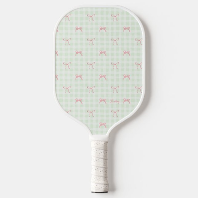 Pink Bow Green Gingham Personalised Name Pickleball Paddle (Front)