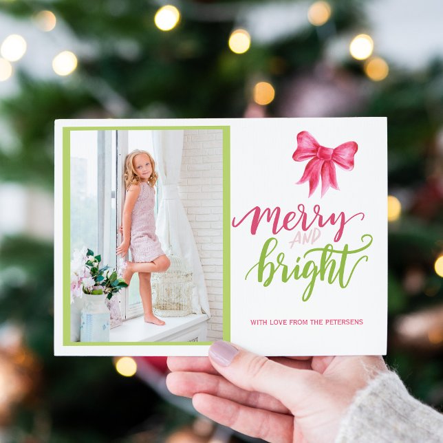 Pink bow green Merry and Bright Christmas photo Holiday Card (Creator Uploaded)