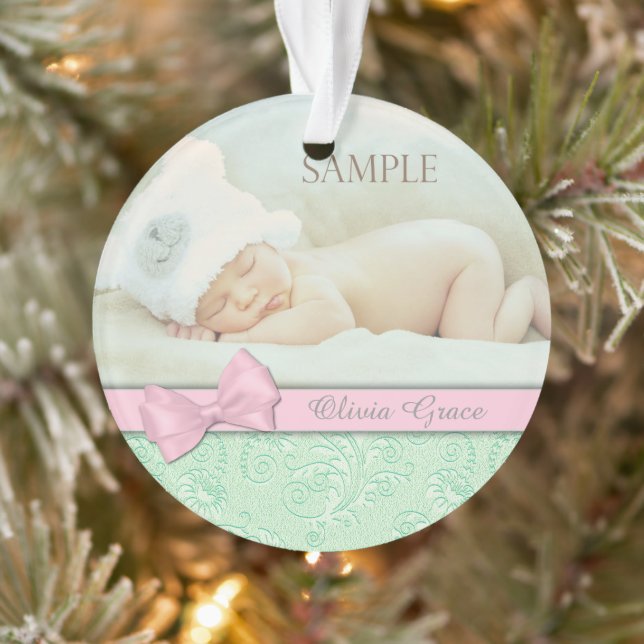 Pink Bow Green Pastel Baby 1st Christmas Photo Ornament (Tree)