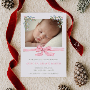 Pink Bow Greenery Christmas Baby Announcement