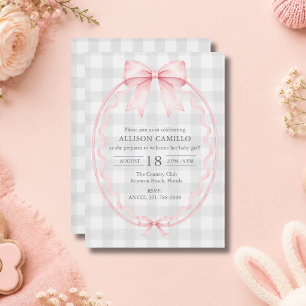 Pink Bow Grey Gingham Baby Shower Invitation