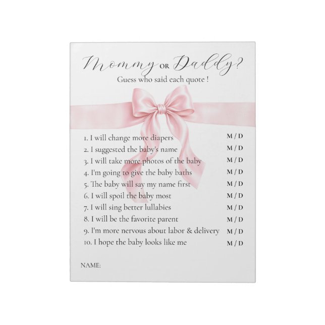Pink Bow Gril baby shower GAME: Mummy or Daddy Notepad (Rotated)
