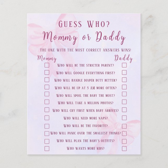 Pink Bow Guess Who Mommy or Daddy Baby Shower Game (Front)