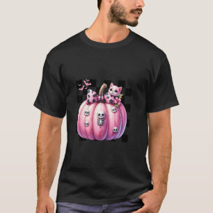 Pink Bow Halloween Pumpkin With Kitten Cat Skulls  T-Shirt