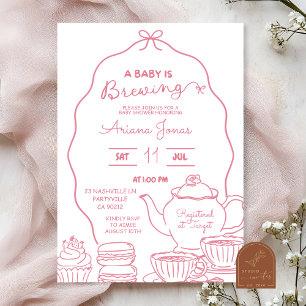 Pink Bow Hand Doodle A Baby is brewing baby showe Invitation