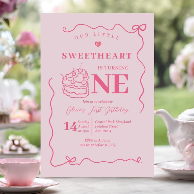Pink Bow Handdrawn Little Sweetheart Turning One Invitation (Creator Uploaded)
