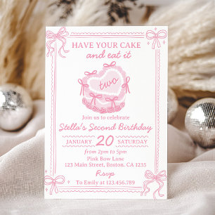 Pink Bow Have Your Cake and Eat It Two Birthday Invitation