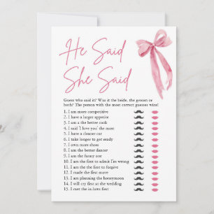 Pink Bow He Said She Said Bridal Shower Game Invitation