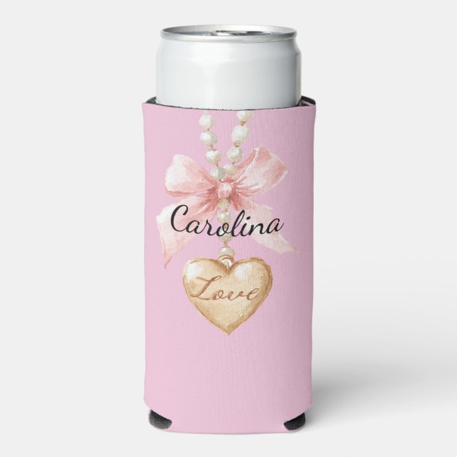 Pink Bow Heart Love Necklace Seltzer Can Cooler (Seltzer Front)