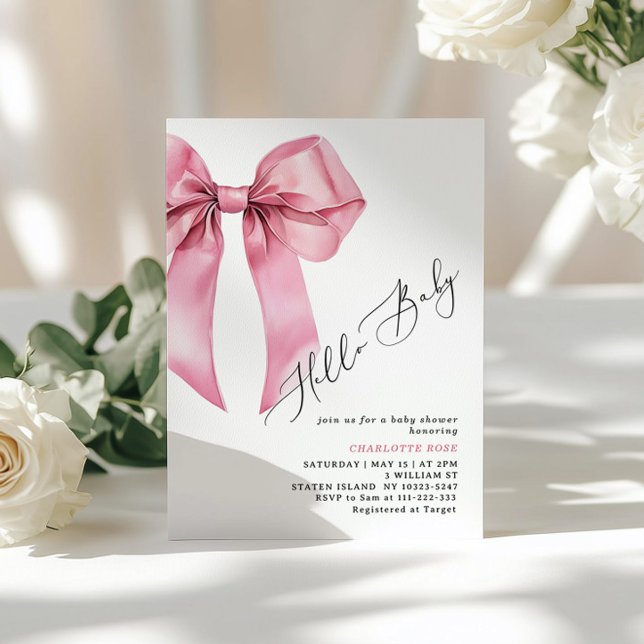 Pink Bow Hello Baby Girl Baby Shower Invitation (Creator Uploaded)
