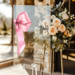 Pink Bow Hello Baby Girl Baby Shower Welcome Acrylic Sign