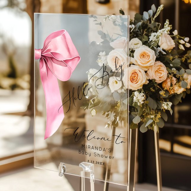 Pink Bow Hello Baby Girl Baby Shower Welcome Acrylic Sign (Creator Uploaded)