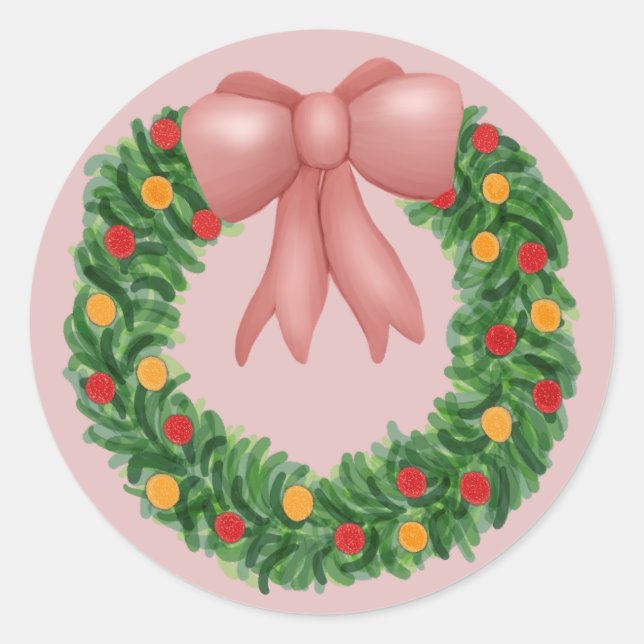 Pink Bow Holiday Wreath Classic Round Sticker (Front)