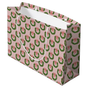 Pink Bow Holiday Wreath Large Gift Bag