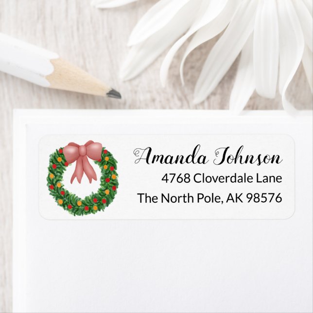 Pink Bow Holiday Wreath Return Address (Insitu)