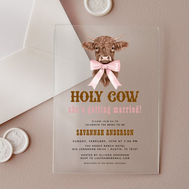 Pink Bow Holy Cow Western Cowgirl Bridal Shower  Acrylic Invitations (Creator Uploaded)