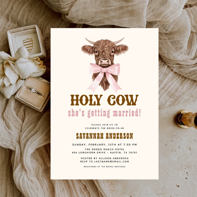 Pink Bow Holy Cow Western Cowgirl Bridal Shower  Invitation (Creator Uploaded)