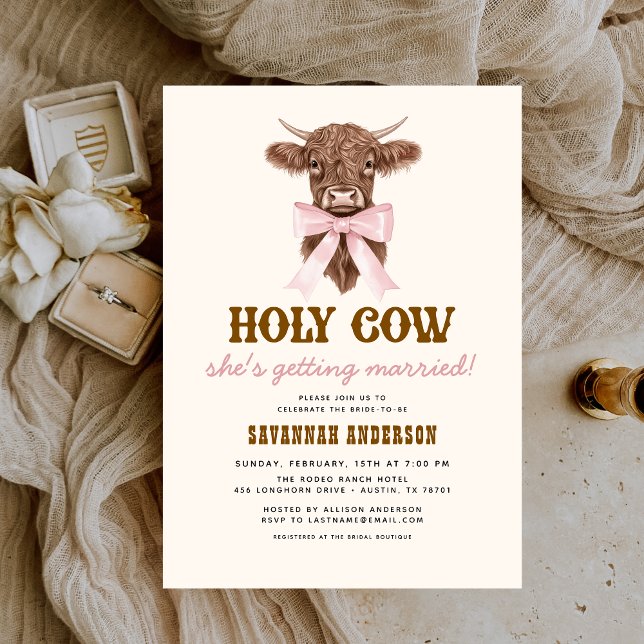 Pink Bow Holy Cow Western Cowgirl Bridal Shower  Invitation (Creator Uploaded)