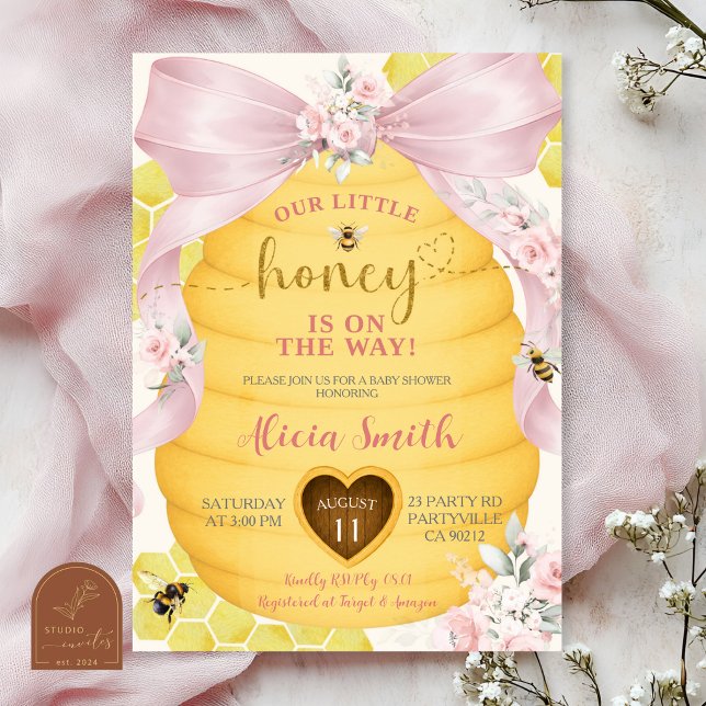 Pink Bow Honey Baby Shower Invitation (Creator Uploaded)