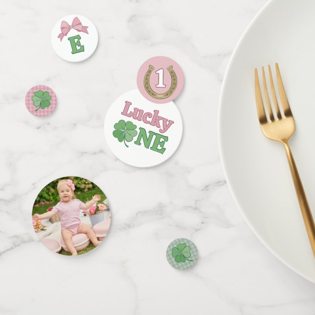 Pink Bow Horseshoe Clover Lucky One Birthday Confetti (Group)