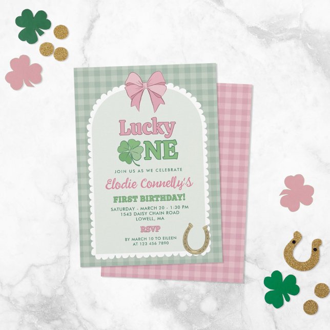 Pink Bow Horseshoe Clover Lucky One Birthday Invitation (Creator Uploaded)