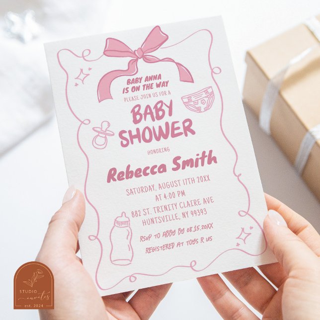 Pink Bow Illustrated Girl Baby Shower Invitation (Creator Uploaded)