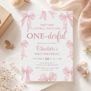 Pink Bow Isn't She Onederful 1st Birthday Invitation
