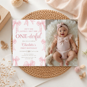 Pink Bow Isn't She Onederful 1st Birthday Photo Invitation
