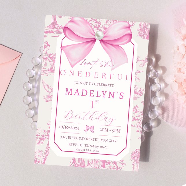 Pink Bow Isn't She Onederful Girl 1st Birthday Invitation (Pink Bow Isn't She Onederful Girl 1st Birthday Invitation)