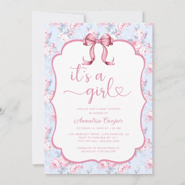 Pink Bow It's A Girl Baby Shower Invitation (Front)