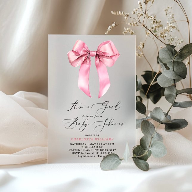 Pink Bow Its a girl elegant Baby Shower Acrylic Invitations (Creator Uploaded)