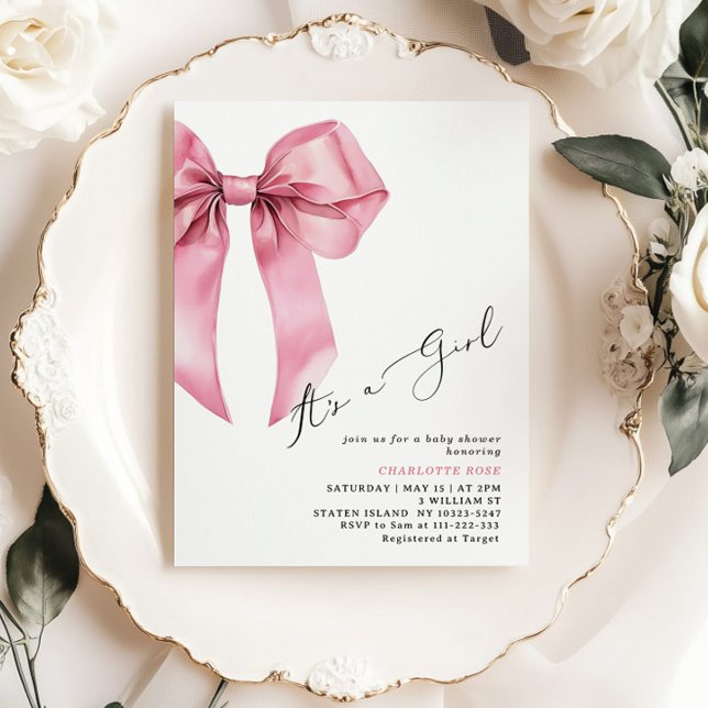 Pink Bow Its a girl elegant Baby Shower Invitation (Creator Uploaded)