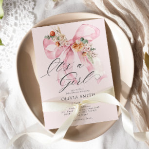 Pink Bow Its a Girl Floral Baby Shower Invitation