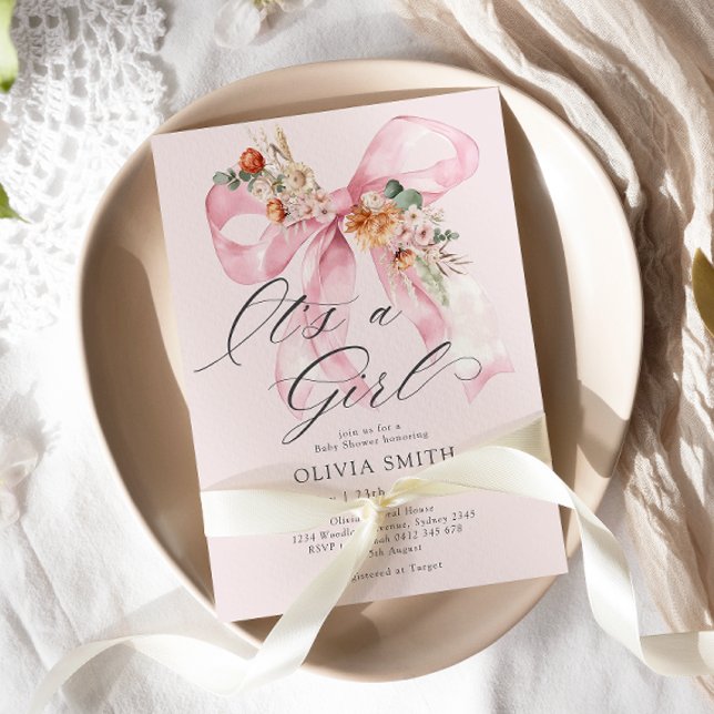 Pink Bow Its a Girl Floral Baby Shower Invitation (Creator Uploaded)