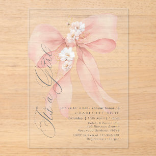 Pink Bow Its a girl Floral pastel Baby Shower Acrylic Invitations