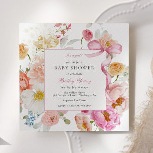 Pink Bow It's a Girl Wildflower Baby Shower Invitation