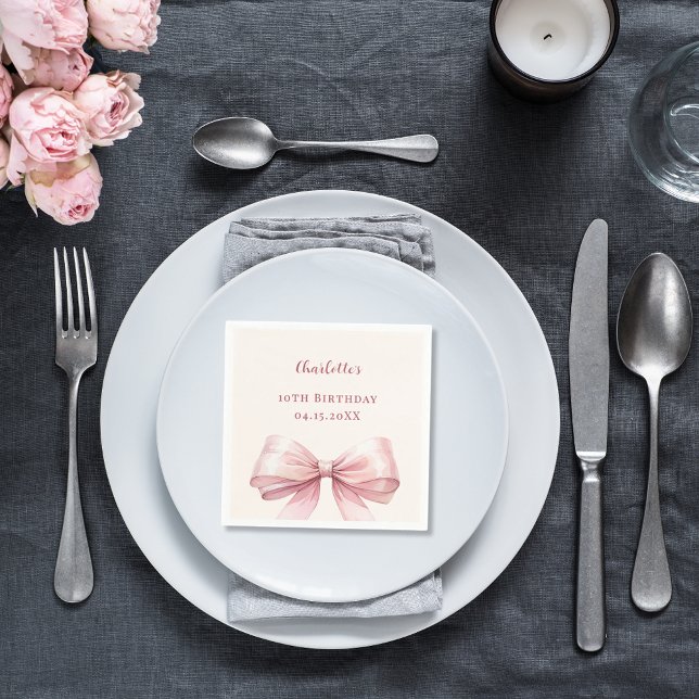 Pink bow ivory elegant birthday napkin (Creator Uploaded)