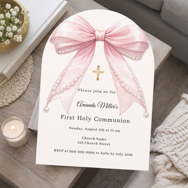 Pink bow ivory pearls girl First Communion Arch Invitation (Creator Uploaded)