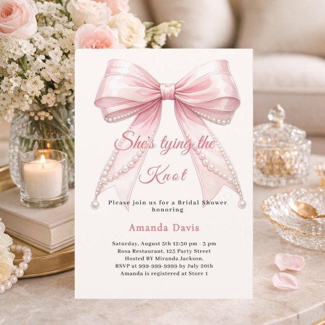 Pink bow ivory pearls tying knot Bridal Shower Invitation (Creator Uploaded)