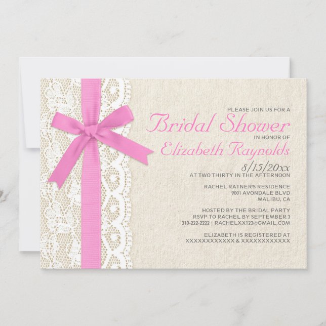 Pink Bow & Lace Bridal Shower Invitations (Front)