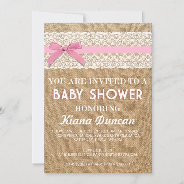 Pink Bow Lace Burlap Baby Shower Invitation (Front)