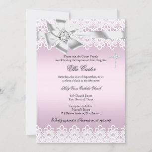 Pink Bow & Lace Cross Girl Baptism Invitation