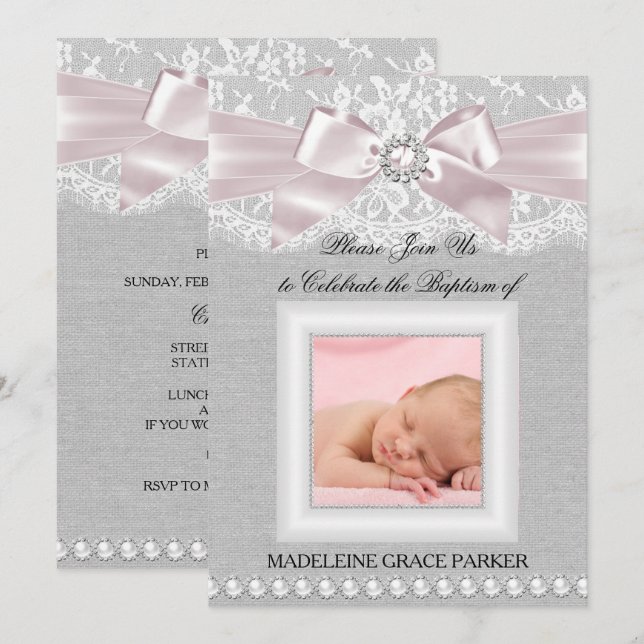 Pink Bow & Lace Photo Baptism/Christening Invite (Front/Back)