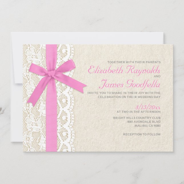 Pink Bow & Lace Wedding Invitations (Front)
