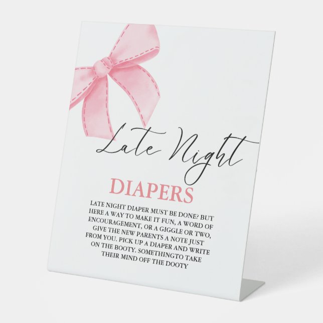 Pink bow Late Night Diaper Baby Shower Game Pedestal Sign (Front)