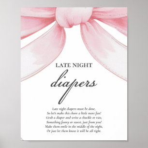 Pink Bow Late Night Diapers Baby Shower Game Poster